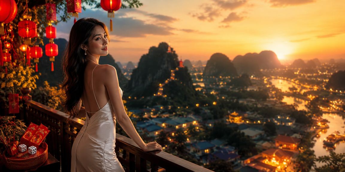 Khung cảnh Ninh Bình với đèn lồng và trò chơi tài xỉu trực tuyến — biểu tượng nền tảng giải trí có trách nhiệm